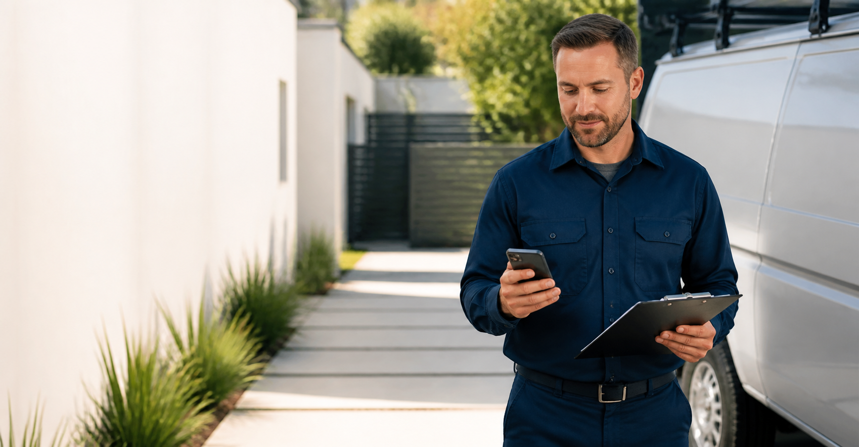 Field service professional checking a phone beside a service van